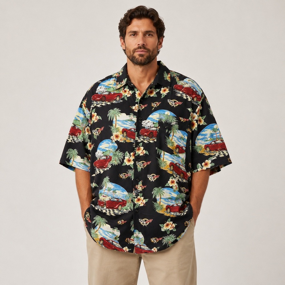 Reyn Spooner Corvette Hawaiian Shirt Mens Medium Black VTG Y2K